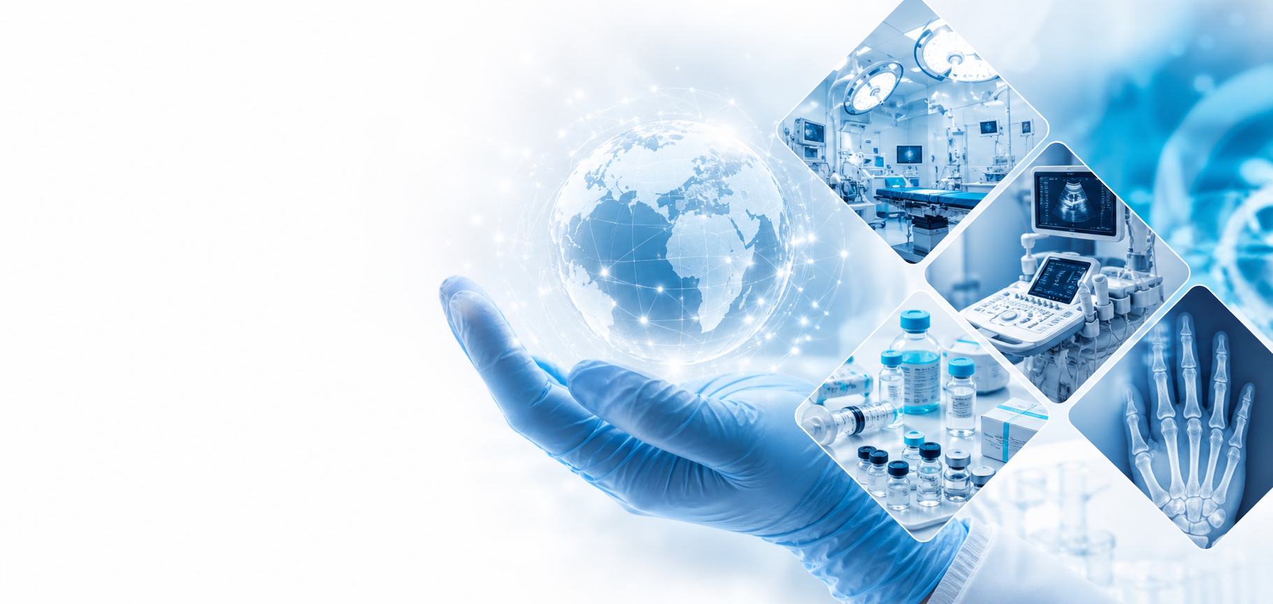 A medical-gloved hand holding a connected globe beside modern healthcare imagery
